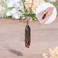 1Pc Natural Black Agate Bullet Macrame Pouch Pendant Alloy Chain Necklaces&nbsp;NJEW-PA0001-01D
