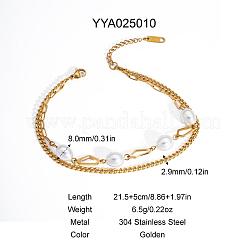 Elegant 304 Stainless Steel & Imitation Pearl Double Layer Link Chain Anklets&nbsp;HM7489-8