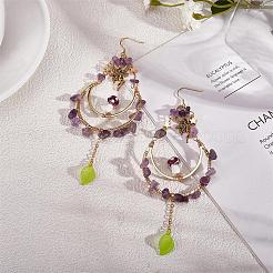 Natural Amethyst Chips Beaded Big Teardrop Dangle Earrings&nbsp;EJEW-SW00016-03