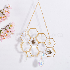 Brass Honeycomb & Yellow Quartz Chip Pendant Decorations&nbsp;HJEW-WH0069-33