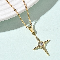 Brass Pave Clear Cubic Zirconia Star Pendant 304 Stainless Steel Chain Necklaces for Women&nbsp;NJEW-D341-07G