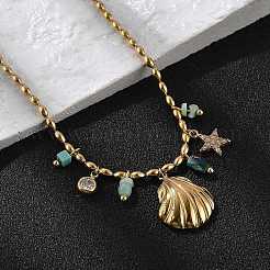 Beach 304 Stainless Steel Rhinestone & Glass Shell Shaped Pendant Necklaces for Women&nbsp;NJEW-Z061-08G