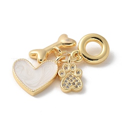 Brass Micro Pave Clear Cubic Zirconia Paw Print Bone Heart European Dangle Charms&nbsp;KK-P292-10G