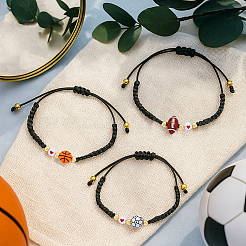 5Pcs 5 Styles Sport Theme Acylic & Alloy Braided Bead Bracelets&nbsp;BJEW-GO0001-12