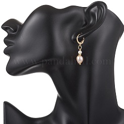 Oval Brass Natural Freshwater Pearl Leverback Earrings&nbsp;EJEW-JE06815