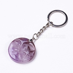Flat Round with Moon & Star Natural Gemstone Pendant Keychain&nbsp;G-G993-01P