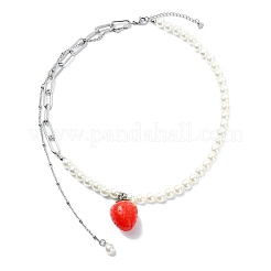 Resin Red Strawberry Pendant 304 Stainless Steel Paperclip Chain & Acrylic Pearl White Round Beaded Necklaces for Women&nbsp;NJEW-JN06113