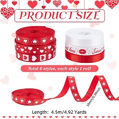 6Rolls 6 Colors Valentine's Day Polyester Printed Grosgrain Ribbon&nbsp;OCOR-PH0004-23