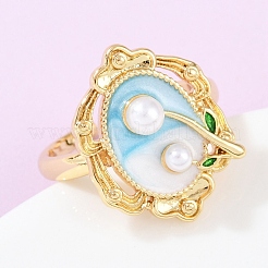 Brass Sky Blue Enamel Flower Cuff Rings&nbsp;RJEW-C139-18C-G