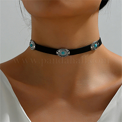 2Pcs 2 Colors Bohemian Alloy & Resin Imitation Turquoise Oval Velvet Choker Necklaces&nbsp;NJEW-CL0001-11