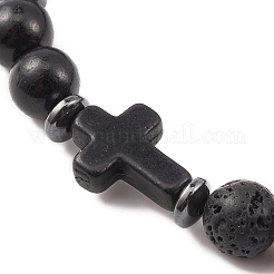 Natural & Synthetic Mixed Gemstone & Wood Cross Beaded Stretch Bracelet&nbsp;BJEW-JB09623