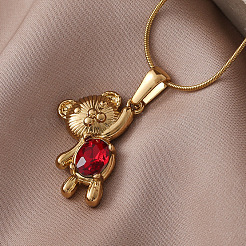 304 Stainless Steel with Red Glass Bear Pendant Necklaces for Women&nbsp;PA5495