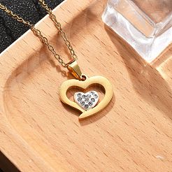304 Stainless Steel Crystal Rhinestone Heart Pendant Cable Chain Necklaces for Women&nbsp;NJEW-Z056-01D-G