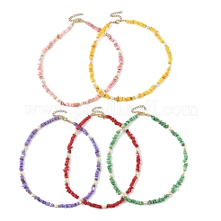 Dyed Natural Freshwater Shell Chip Beads & White Round Shell Pearl Beaded Necklaces&nbsp;NJEW-JN06402