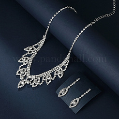 Leaf Brass Pave Clear Cubic Zirconia & Rhinestone Pendant Necklaces & Stud Earrings Sets&nbsp;FS-WG35E42-01