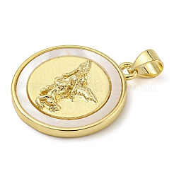 Rack Plating Brass Pave Shell Flat Round Pendants&nbsp;KK-Z063-11G-01