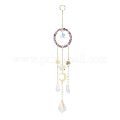 Natural Amethyst Woven Net/Web with Feather Window Hanging Suncatchers&nbsp;HJEW-JM00852-03
