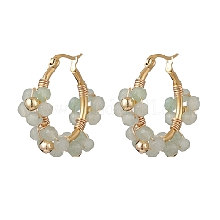 Flower Brass & Natural Green Aventurine Hoop Earrings&nbsp;EJEW-TA00781-03