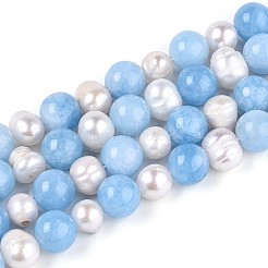 Dyed Natural White Jade Round & Natural Cultured Freshwater Pearl Grooved Potato Beads Strands&nbsp;PEAR-N019-01