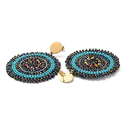 Woven Glass Beaded Flat Round Dangle Stud Earrings&nbsp;EJEW-A105-13G
