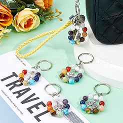 5Pcs 7 Chakra Gemstone Bead Pendant Keychain with Tibetan Style Alloy Charm&nbsp;KEYC-FH00032