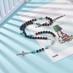 Natural Lava Rock & Synthetic Green Turquoise Rosary Bead Necklace&nbsp;NJEW-TA00041-02