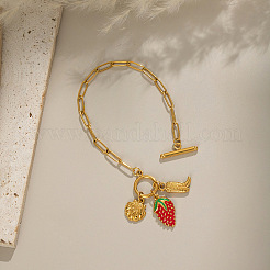 Ocean 304 Stainless Steel Enamel Strawberry Shell Shape Charm Paperclip Chain Bracelets with OT Clasps&nbsp;VA6795