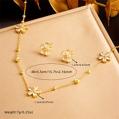 Flower Stainless Steel Pave Clear Cubic Zirconia Chain Necklaces & Stud Earrings Sets&nbsp;FS-WG6648A-01