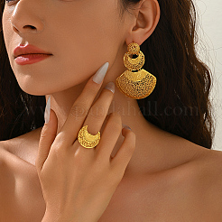 Vintage Middle Eastern Alloy Hollow Moon Fan Stud Earrings & Cuff Rings Sets for Women&nbsp;JG6139