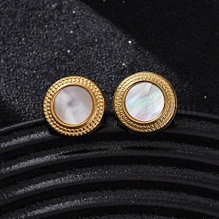 304 Stainless Steel Natural White Shell Stud Earrings&nbsp;EJEW-Z103-04G-02