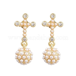 Brass Micro Pave Clear Cubic Zirconia Cross with Half Round Dangle Stud Earrings&nbsp;EJEW-L275-05G