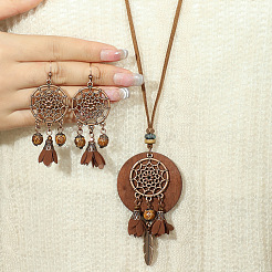 Bohemian Style Alloy & Wood & Leather Dangle Earrings & Necklaces Sets&nbsp;FS-WG3D99C-01
