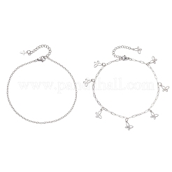 2Pcs 2 Styles 304 Stainless Steel Cable Chain Paperclip Chain Charm Double Layer Anklets for Women&nbsp;AJEW-AN00740-01
