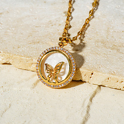 Brass Clear Cubic Zirconia Flat Round Butterfly Pendant Dapped Chain Necklaces for Women&nbsp;WA9125