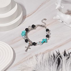 Natural & Synthetic Mixed Stone Beaded Bracelet with Cross Charm&nbsp;BJEW-TA00184-03