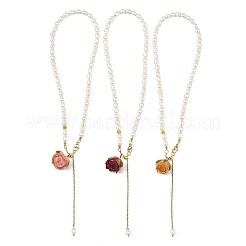 Brass Epoxy Resin Inner Dried Rose Flower Pendant Natural Pearl Beaded Lariat Necklaces&nbsp;NJEW-JN06674