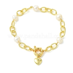 Brass Heart Pendant Textured Cable Chain Bracelets with Natural Cultured Freshwater Pearl Beads&nbsp;BJEW-JB14262