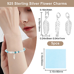 5Pcs 925 Sterling Silver Feather Charms with Jump Rings with 1Pc Double Sided Suede Fabric Silver Polishing Cloth&nbsp;FIND-BBC0015-94