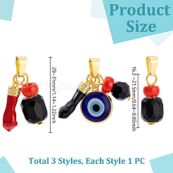 3Pcs Brass Enamel & Handmade Lampwork & Acrylic Pendants&nbsp;PALLOY-HS00037
