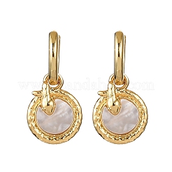 Flat Round with Snake Brass Shell Hoop Earrings&nbsp;KK-D363-21G