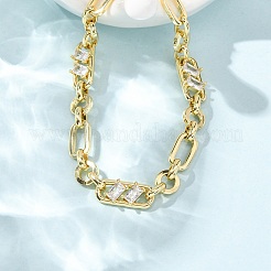 Ring & Paperclip Brass Micro Pave Cubic Zirconia Link Chain Bracelets for Women&nbsp;BJEW-D458-03G-02