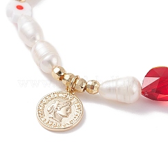 Natural Pearl & Millefiori Glass Beaded Stretch Bracelet with Heart and Coin Charm for Women&nbsp;BJEW-TA00060
