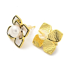 Brass Flower Stud Earrings with Natural Pearl&nbsp;EJEW-Z020-04G