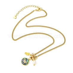 Brass Natural Paua Shell & Pearl Pendant 304 Stainless Steel Curb Chain Necklaces for Women&nbsp;NJEW-JN06258-02