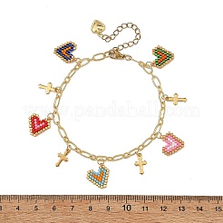 Brass Paperclip Chain Seed Bead Heart Charm Bracelets with 304 Stainless Steel Tiny Cross&nbsp;BJEW-MZ00354