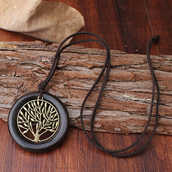 Alloy Tree of Life Wood Ring Pendant PU Leather Cord Long Necklaces for Women Men&nbsp;FS-WGD2271-01