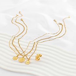 Oval/Flat Round/Rectangle with Rose Pattern 304 Stainless Steel Pendant Necklaces & Ginkgo Leaf Cuff Ring Sets&nbsp;FS-WGBCCD7-01
