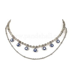 Alloy Enamel Blye Evil Eye Pendant Faceted Round Natural Labradorite Beaded 304 Stainless Steel Satellite Chain Double Layer Necklaces&nbsp;NJEW-JN06542