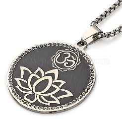 Yoga Theme 201 Stainless Steel Flat Round with Lotus & Moon Pendant Necklaces&nbsp;NJEW-S007-05P