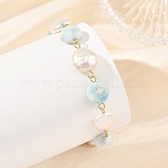 Natural Larimar and Keshi Pearl Coin Beaded Bracelets&nbsp;BJEW-JB14465